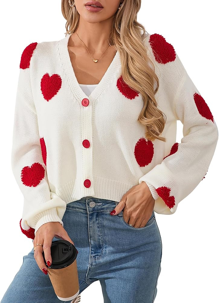Womens Oversized Cute Heart Valentines Day Cropped Cardigan Spring 2025 Trendy Lightweight V Neck... | Amazon (US)