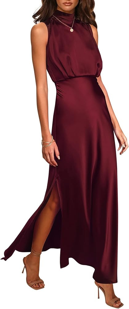 PRETTYGARDEN Women's Long Formal Satin Dress Mock Neck Sleeveless Side Slit Flowy Maxi Tank Dresses | Amazon (US)