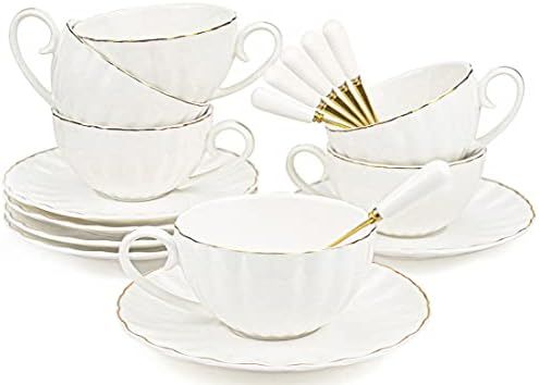 Yesland Set of 6 Royal Tea Cups and Saucers with Gold Trim, 8 Ounce White Porcelain Tea Set & Bri... | Amazon (US)