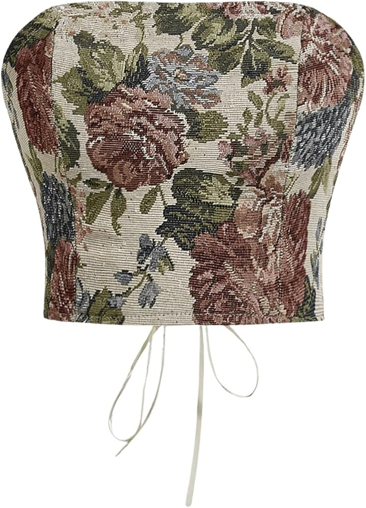 Women's Floral Embroidery Strapless Tube Top Lace Up Y2K Corset Crop Tops | Amazon (US)