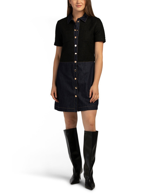 Denim Knit Mixed Media Mini Shirt Dress | TJ Maxx