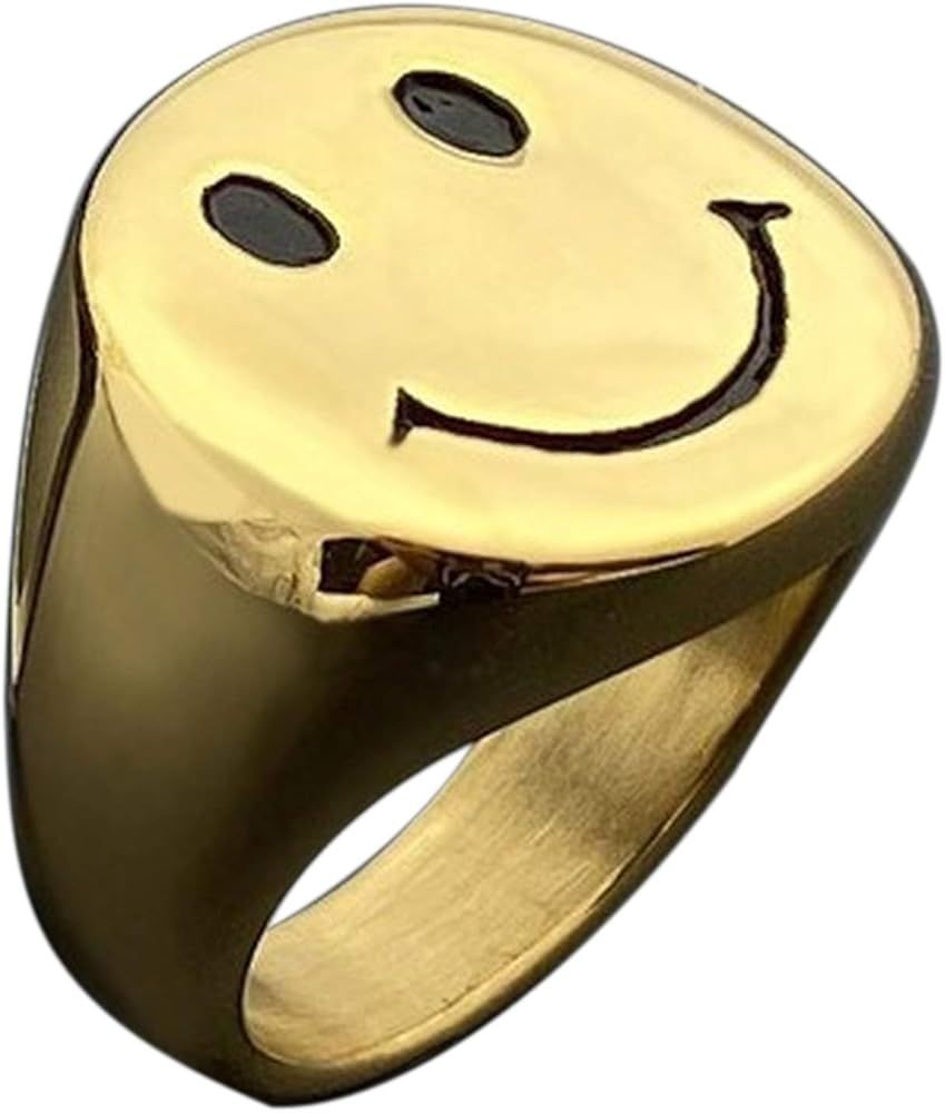 IDesign Smiley Face Ring chunky Gold White Silver Signet Ring, Stainless Steel Asthetic Cool Ring... | Amazon (US)