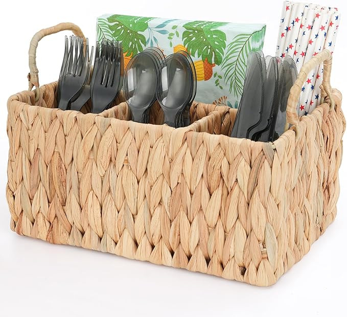 Wicker Party Silverware Caddy, Water Hyacinth Plastic Cutlery Utensil Holder, Hand Woven with Han... | Amazon (US)