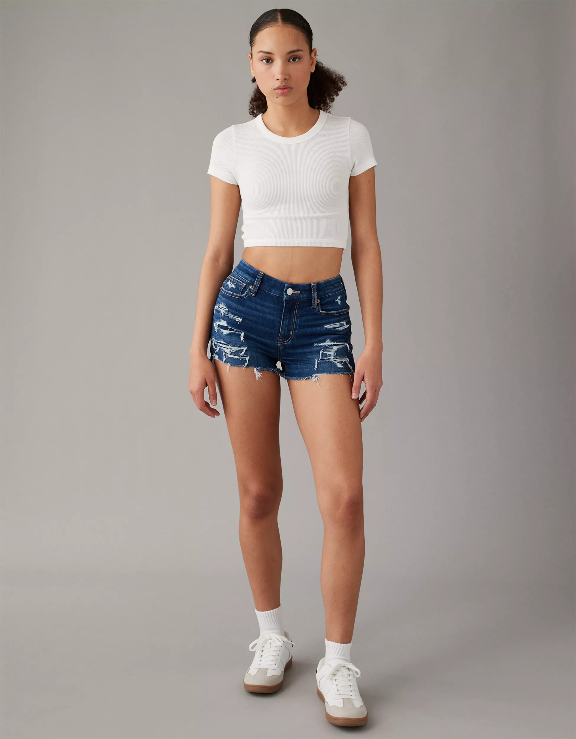 AE Next Level Curvy High-Waisted Ripped Denim Short Short | American Eagle Outfitters (US & CA)