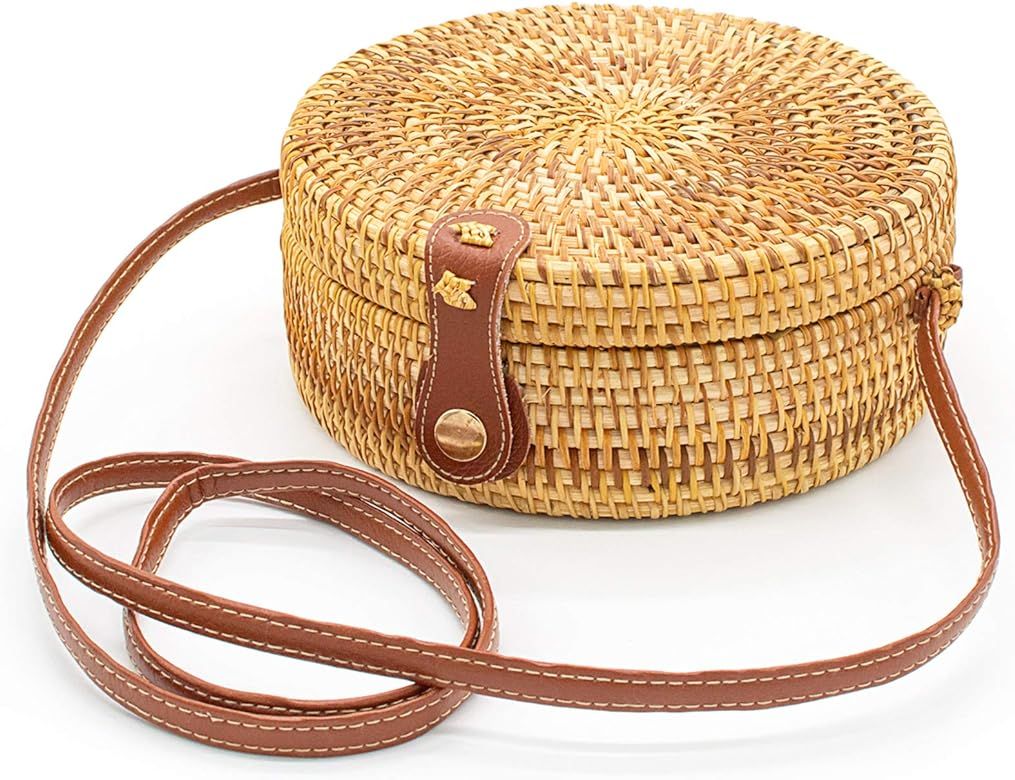 Round Rattan Bag, Beach Straw Woven Crossbody Purse for Women, Handmade Shoulder Bag with Leather... | Amazon (CA)