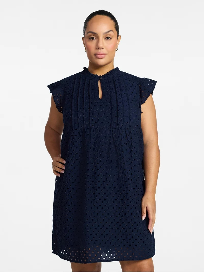 Time and Tru Women's Cotton Eyelet Mini Dress with Flutter Sleeves, Sizes XS-XXXL | Walmart (US)