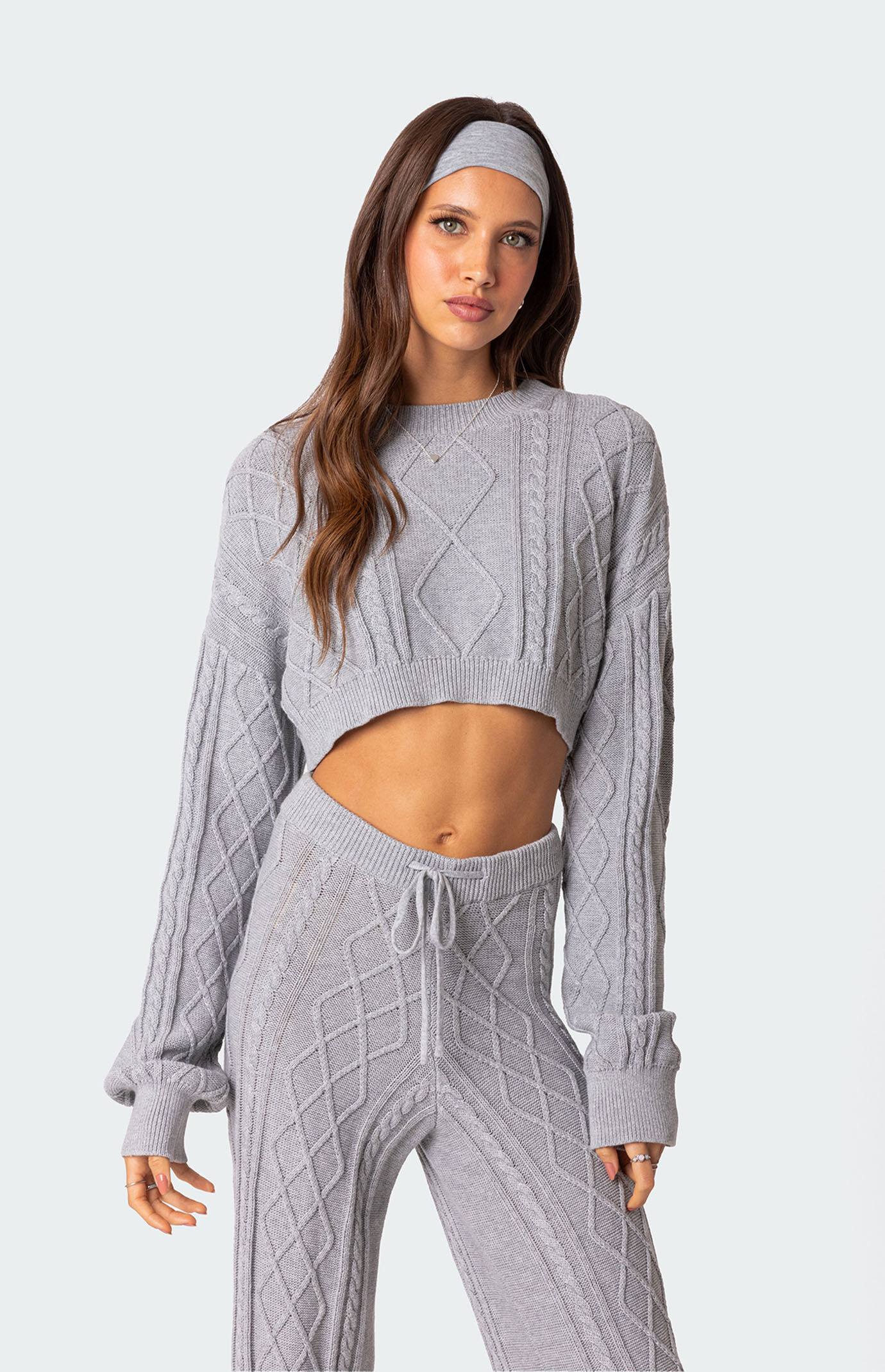 Edikted Women's Kasey Cable Knit Cropped Sweater in Gray - Size XS/S | PacSun