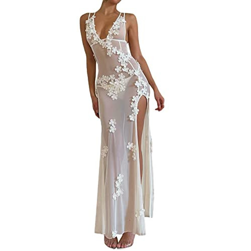 Sexy See Through Sheer Lace Maxi Dress Floral Lace Patchwork Backless Bodycon Long Dresses Beach Vacation Party Wear (Floral High Slit White, M) | Amazon (US)