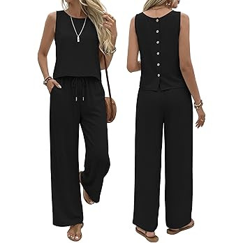 Sixstar Summer Two Piece Set for Women Button Back Tank Tops Flowy Beach Pants Vacation Outfits L... | Amazon (US)