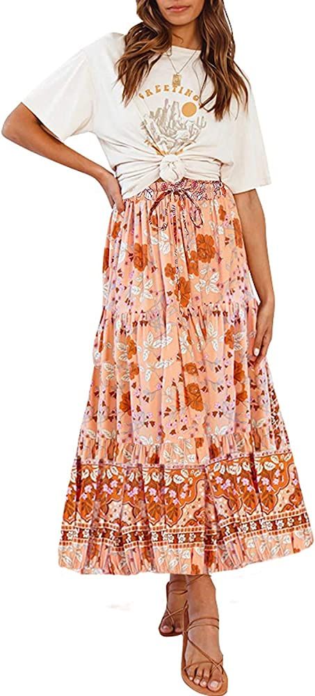MEROKEETY Women's Boho Floral Print Elastic High Waist Pleated A Line Midi Skirt with Pockets | Amazon (US)
