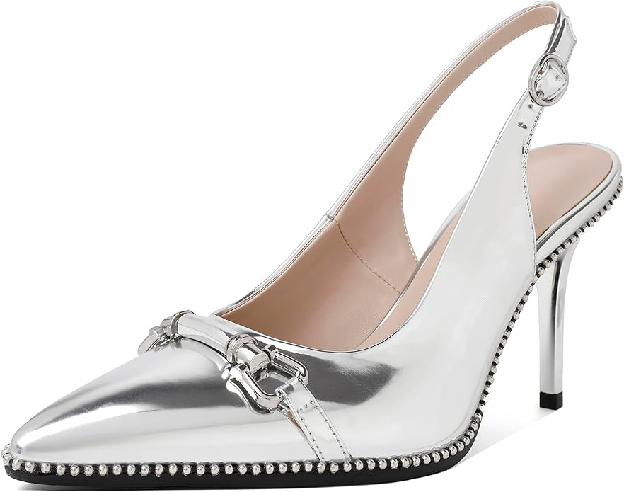 AUMOTED Women Beaded Pumps Slingback High Heel Stilettos Pointed Toe Shoes Slip On 3.5 Inch Ankle... | Amazon (US)