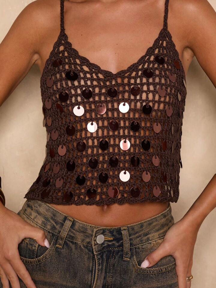 SHEIN BAE Women's Coffee Brown Semi-Sheer Knitwear Sequin Crochet Crop Top With Spaghetti Straps | SHEIN