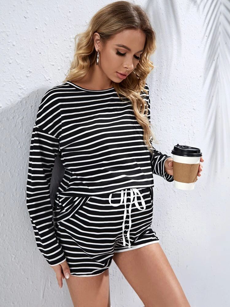 SHEIN Maternity Striped Drop Shoulder Tee & Tie Front Shorts | SHEIN