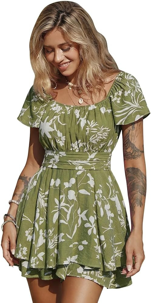 EXLURA Women's 2026 Summer Ruffle Short Sleeve Tie Back Romper Dress Square Neck A Line Cute Dres... | Amazon (US)