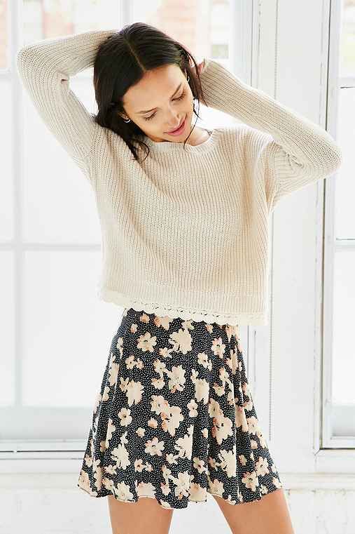 Kimchi Blue Lace Trim Cropped Sweater,IVORY,S | Urban Outfitters US