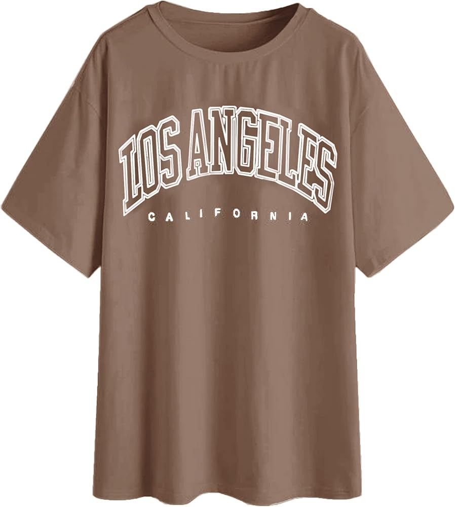 Meladyan Women Casual Los Angeles Letter Print Short Sleeve Tee Shirt Funny Summer Round Neck Shi... | Amazon (US)