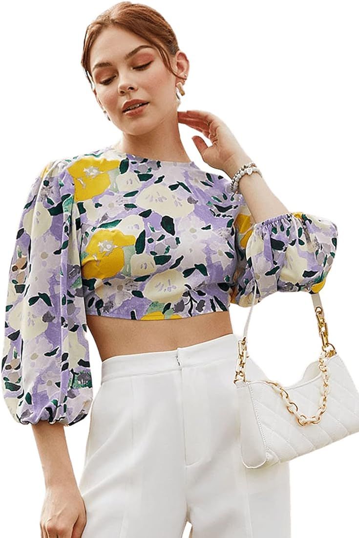 SweatyRocks Women's 3/4 Lantern Sleeve Floral Print Shirt Lace Up Tie Back Crop Blouse Top | Amazon (US)
