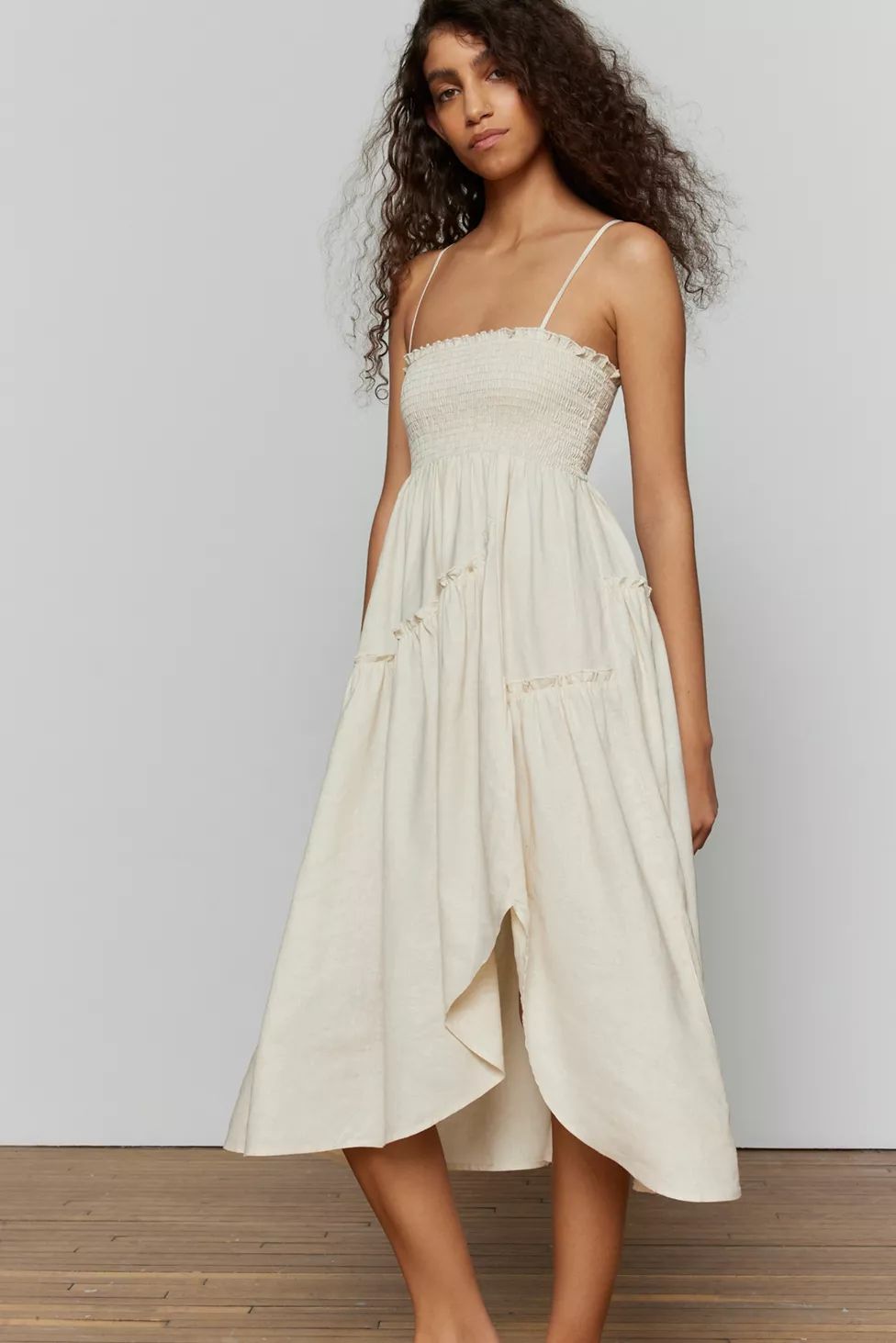 Urban Renewal EcoVero™️ Linen Asymmetrical Smocked Midi Dress | Urban Outfitters (US and RoW)