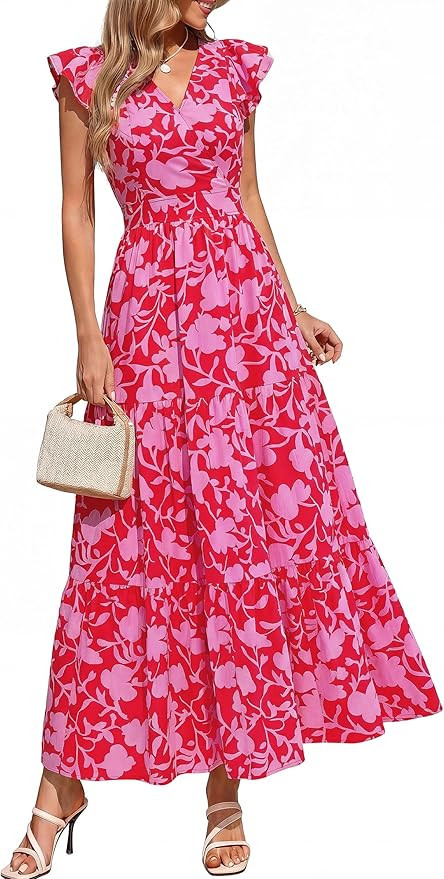 PRETTYGARDEN Women's Spring Summer Maxi Dresses 2026 Casual Wrap V Neck Floral Ruffle Sleeve Flow... | Amazon (US)