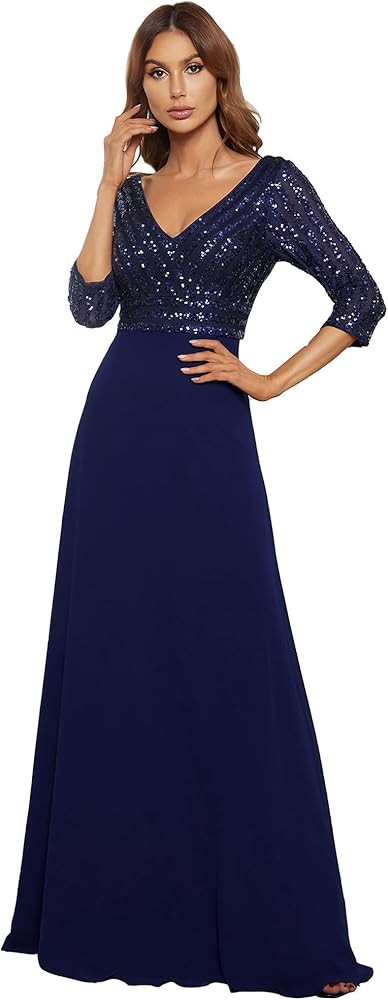 Ever-Pretty Women's Elegant V-Neck Long Sleeve Sequin Maxi Evening Dresses Prom Gowns 00751 | Amazon (US)