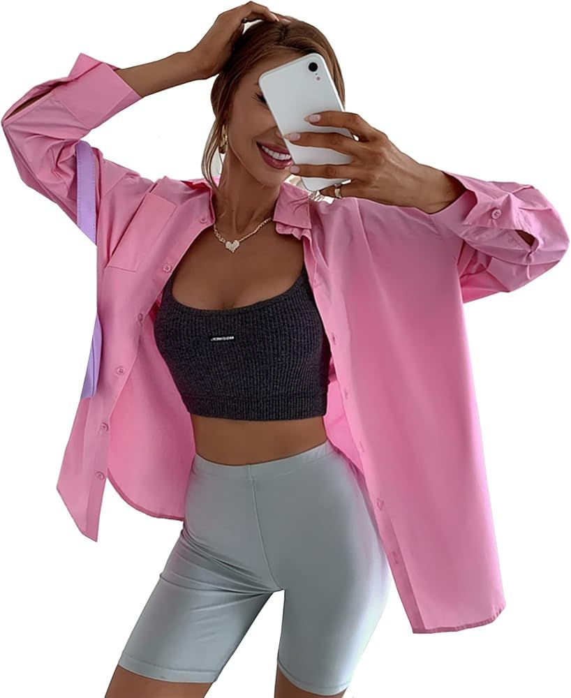 SheIn Women's Long Sleeve Button Down Drop Shoulder Oversized Blouse Tops | Amazon (US)