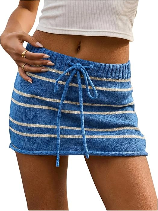 OYOANGLE Women's Striped Knit Skirt Drawstring Low Waisted Beach Vacation Mini Skirts Dark Blue M... | Amazon (US)