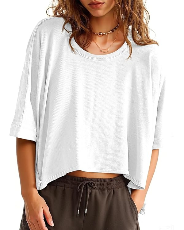 Tankaneo Womens Oversized T-Shirts Cropped Summer Casual Short Sleeve Loose Fit Tee Tops | Amazon (US)