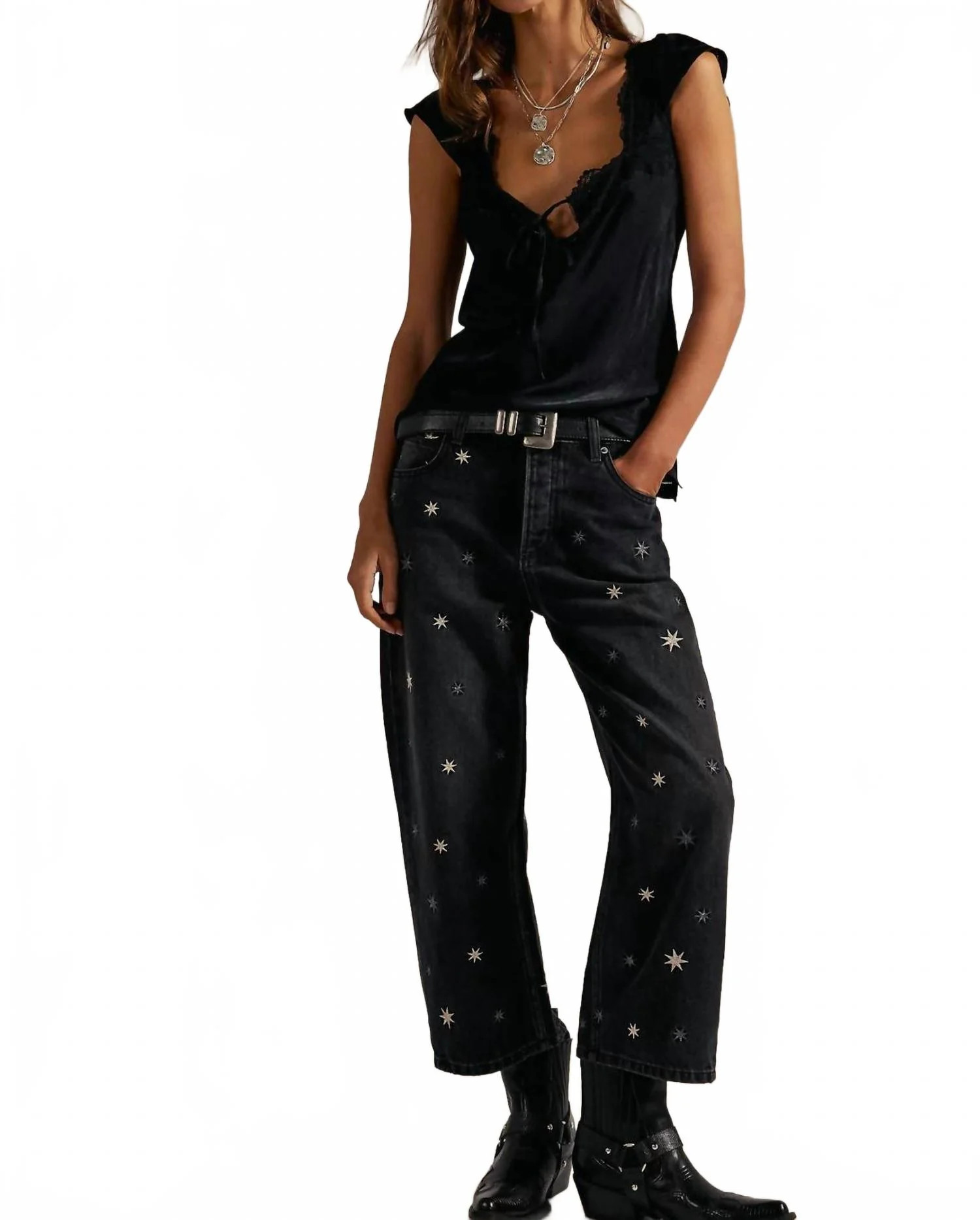 Deep Trance Shine Embroidered Dropped Boyfriend Jeans In Starry Night | Shop Simon