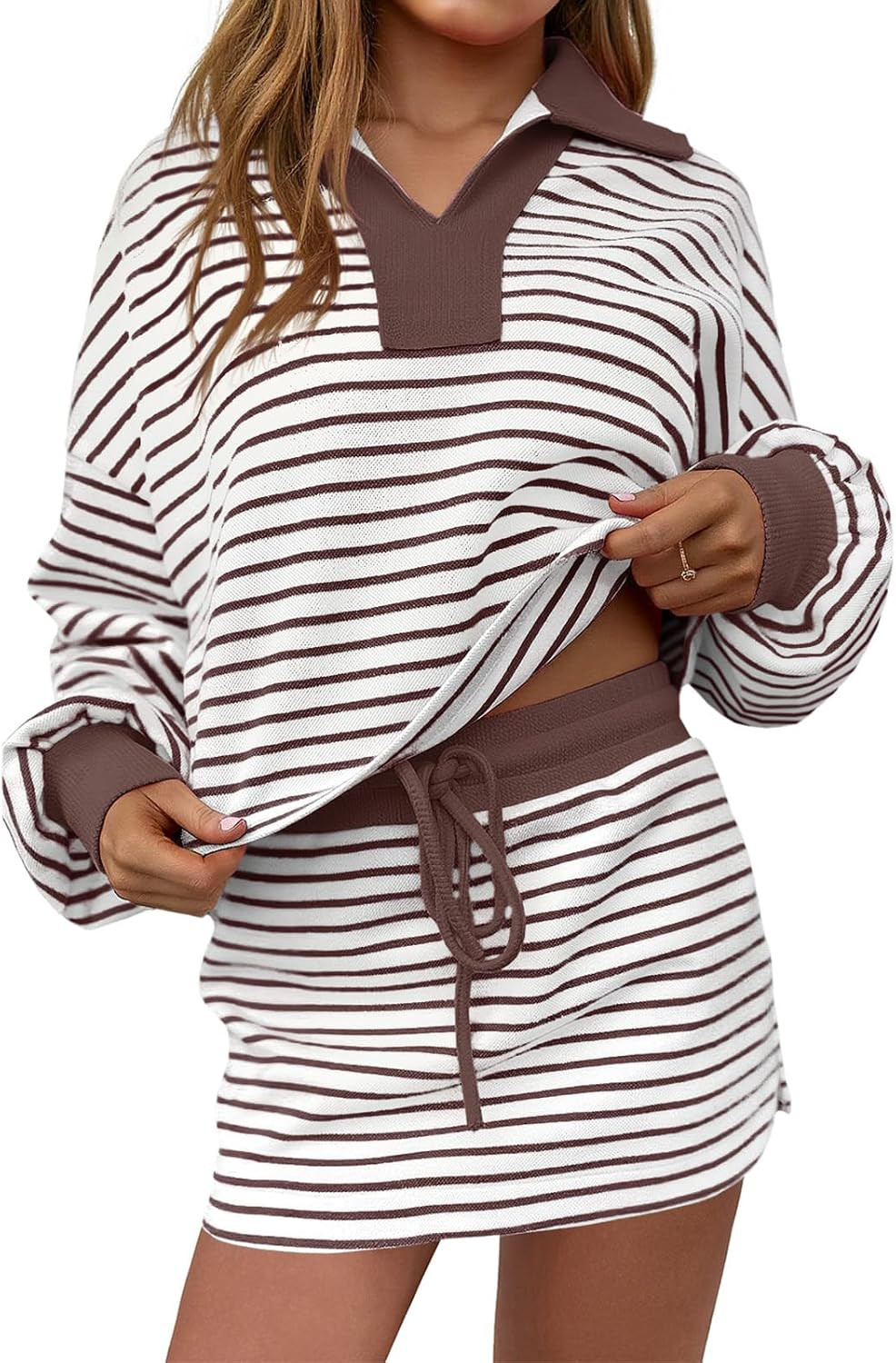 Fisoew Womens Striped 2 Piece Outfits Casual Sweatshirt Skirt Set Long Sleeve Skort Workout Set Matching Lounge Sets | Amazon (US)