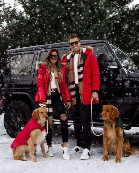 Holiday family photo ideas / Christmas photos 
Red puffer jacket
Gucci ace sneakers
Burberry plaid scarf
Men’s winter outfit 
Snow outfits 

#LTKHoliday #LTKstyletip #LTKfamily