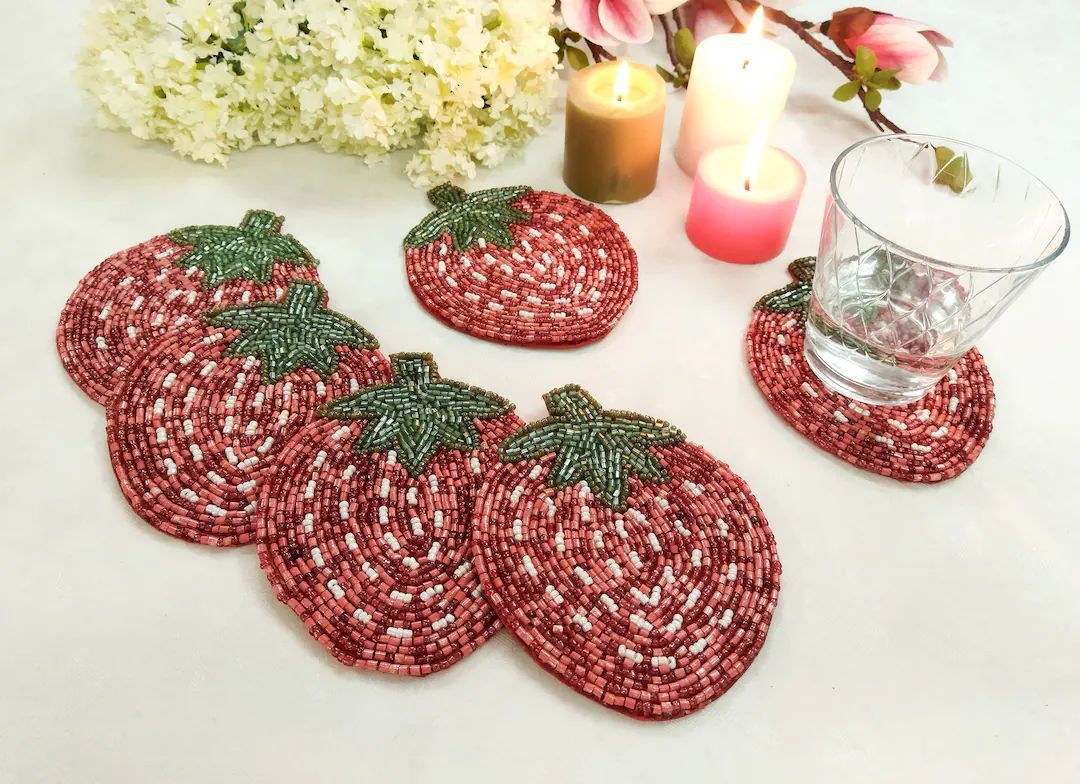 Handmade Strawberry Beaded Coasters Set of 6 - Etsy | Etsy (US)