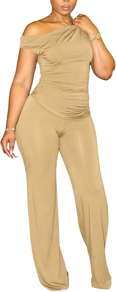 CXXQ 2 Piece Club Outfits for Women Clubwear Sexy Off Shoulder Ruched Crop Tops Bodycon Wide Leg ... | Amazon (US)