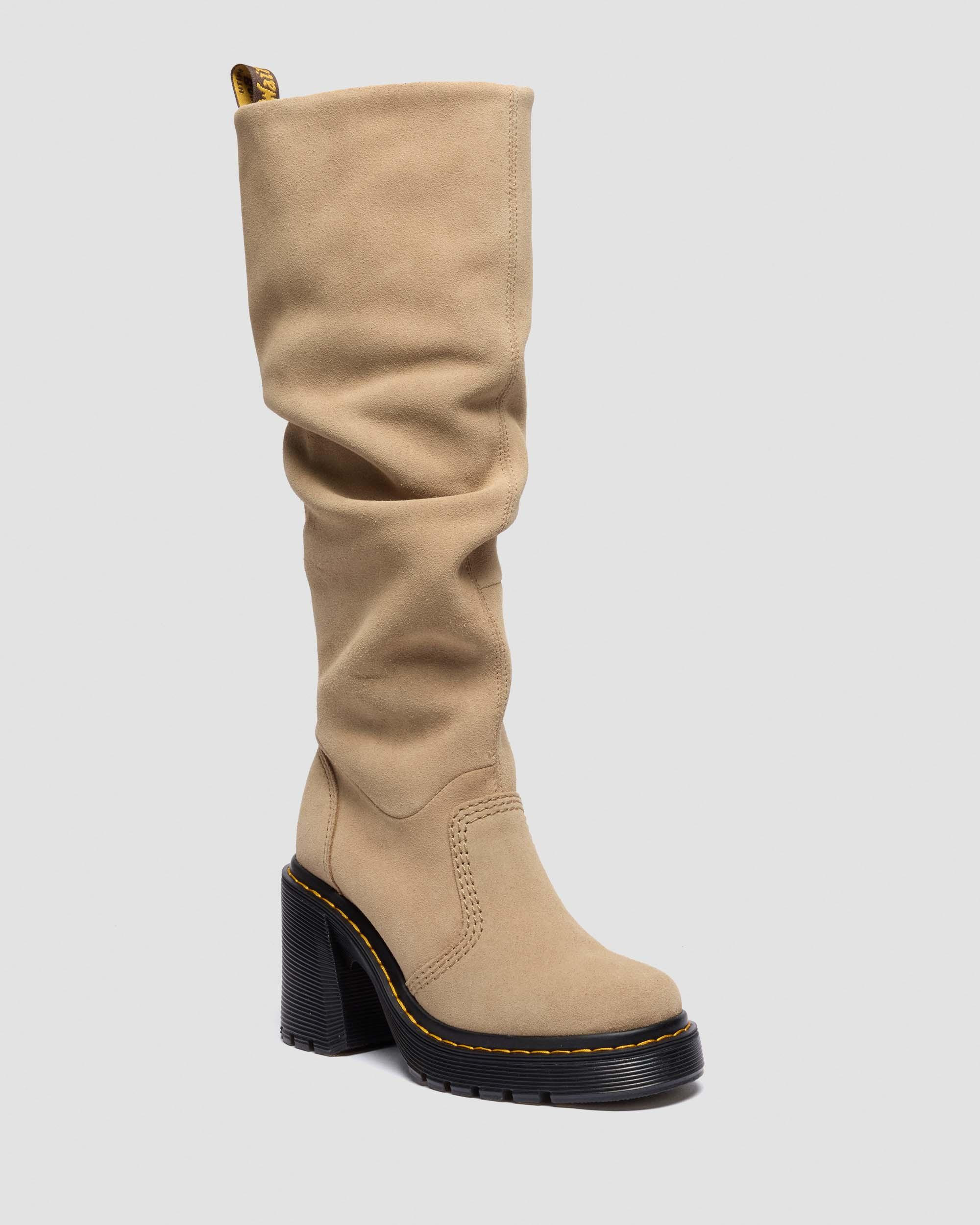 Kasey Suede Knee High Heeled Boots in Savannah Tan | Dr. Martens | Dr. Martens