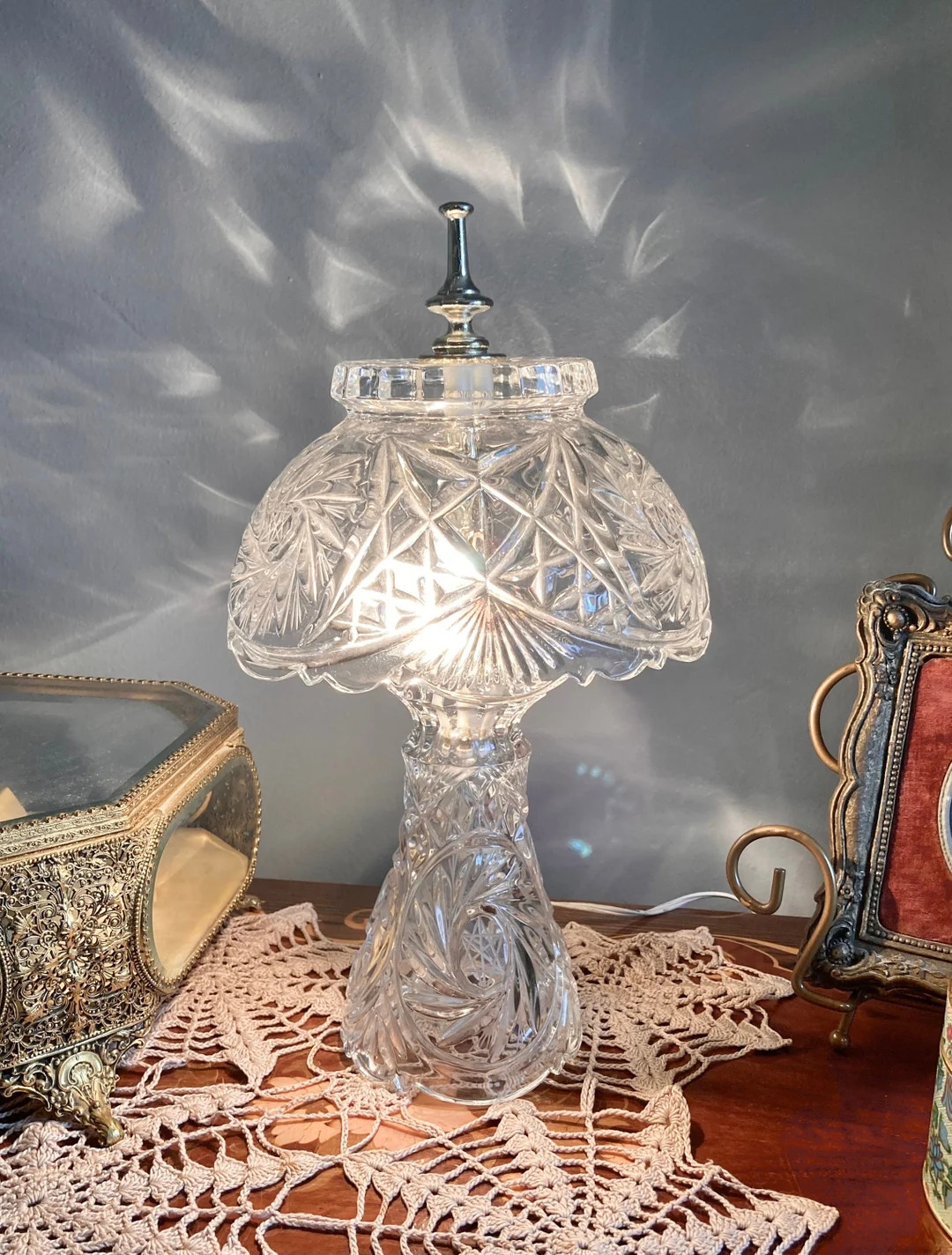 Vintage Cut Glass Parlor or "boudoir" Lamp, Star-cut Patterns, Scalloped Rim, Brass Hardware - Et... | Etsy (US)