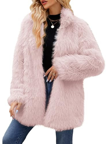 Simplee Women's Faux Fur Coat Furry Winter Jacket Long Sleeve Warm Open Front Fluffy Jackets Pink M | Amazon (US)