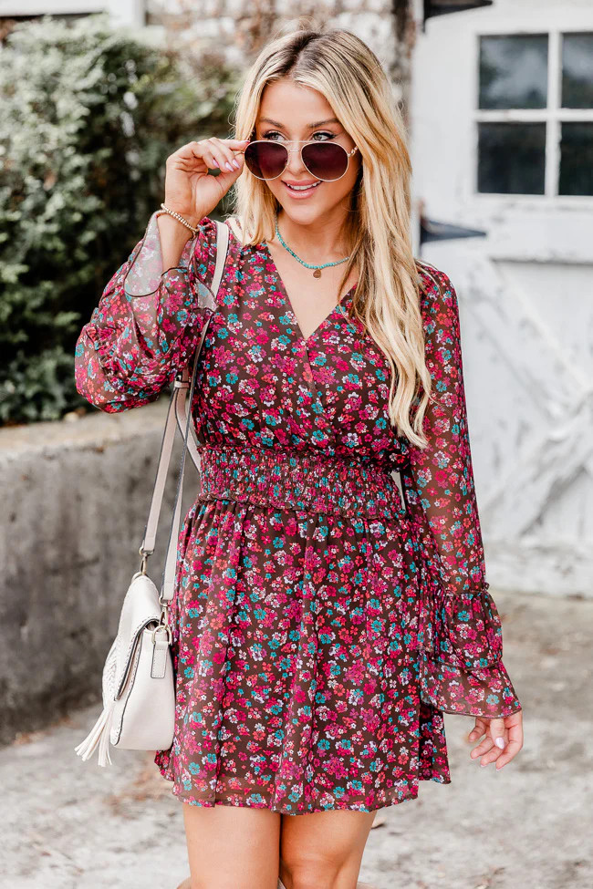 Never Ending Story Brown Multi Floral Long Sleeve Smocked Waist Dress | Pink Lily