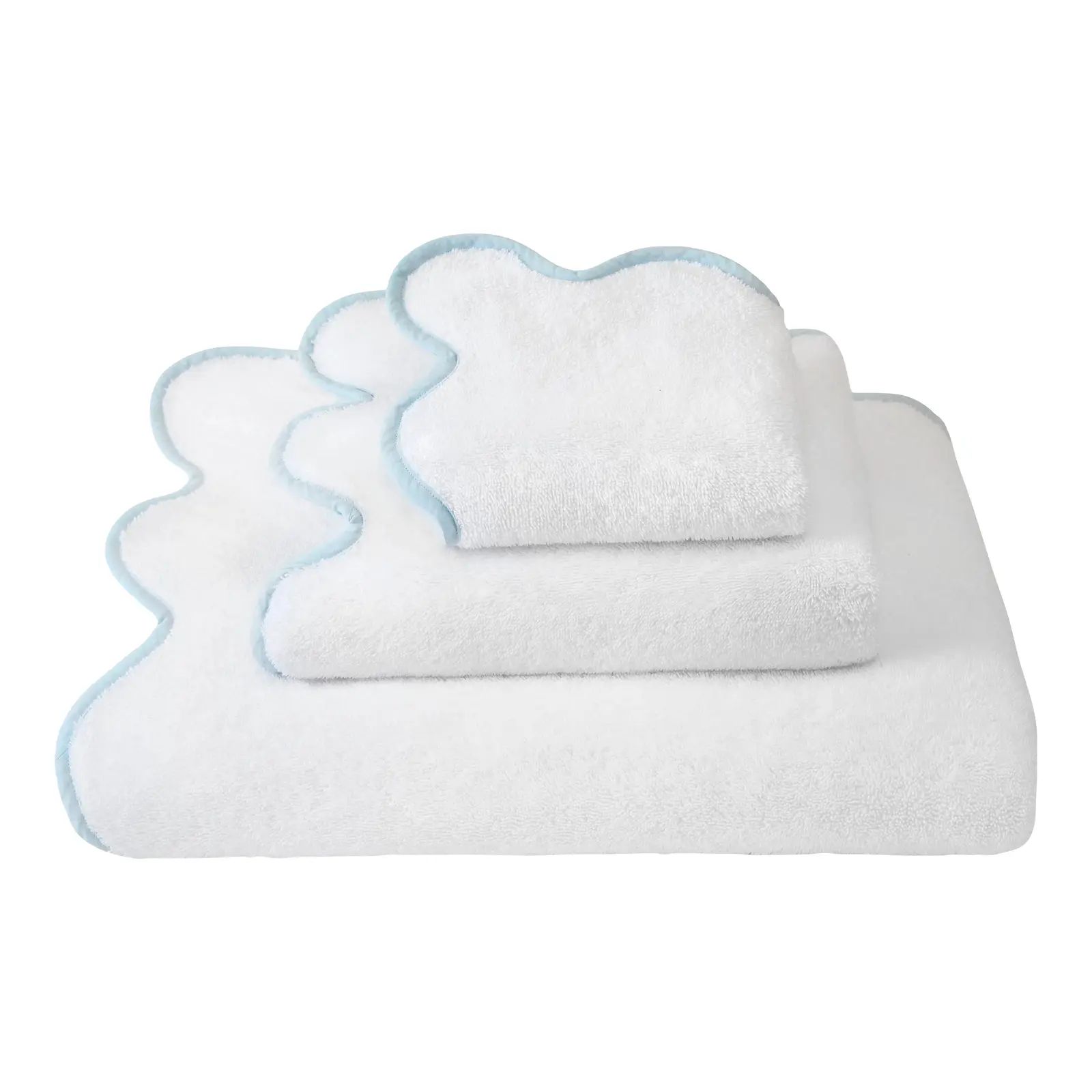 Kassatex x Chairish Scallop Bath Towel Set, White/Powder Blue - Set of 3 | Chairish