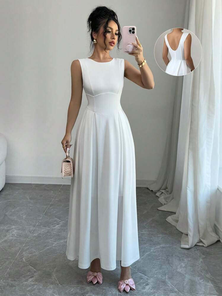 Elenzga White Sleeveless Long Dress For Women With Distressed Hem Design, Elegant For Daily Wear | SHEIN