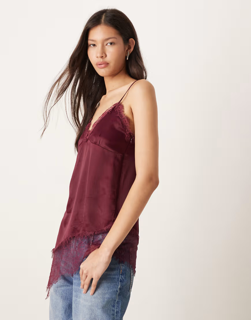 ASOS DESIGN satin lace trim asymmetric hem cami top in plum-Purple | ASOS (Global)
