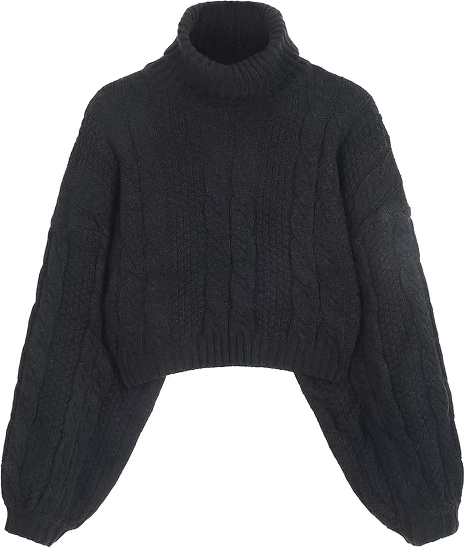 ZAFUL Women's Cropped Turtleneck Sweater Lantern Sleeve Ribbed Knit Pullover Sweater Jumper | Amazon (US)