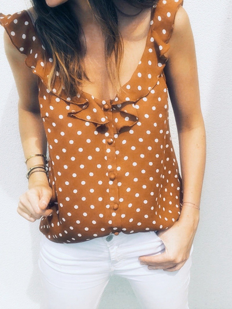 Yellow V-neck Polka Dot Print Ruffle Trim Chic Women Tank Top | choies