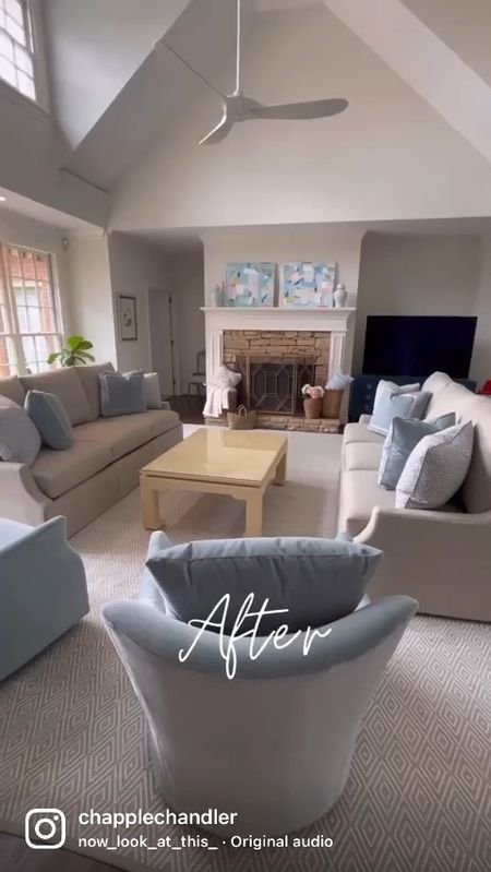 Living room furniture decor sofa armchair blue chair couch coffee table throw pillow area rug pastel abstract art painting grandmillennial coastal modern

#LTKhome #LTKfamily #LTKsalealert