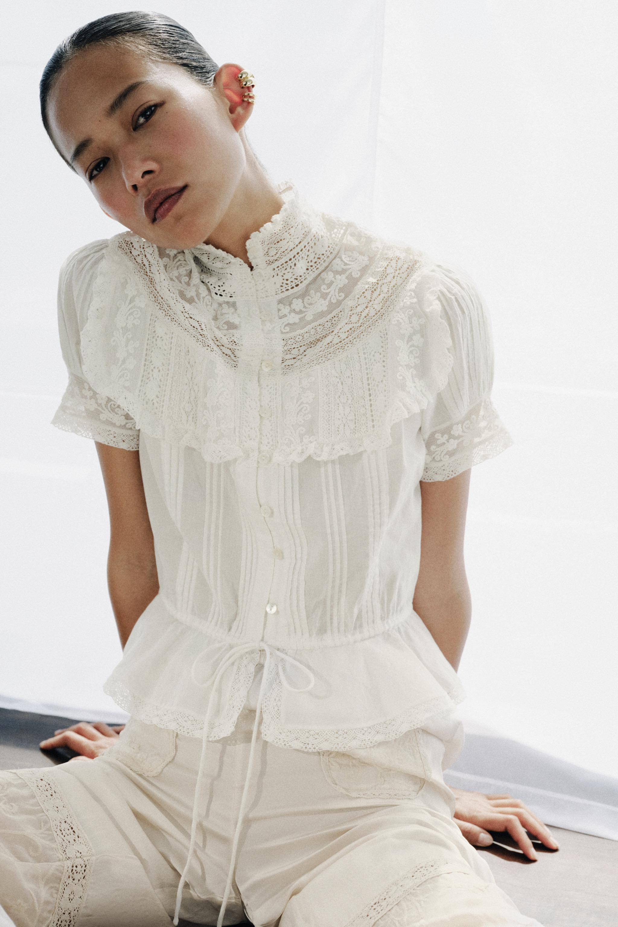 EMBROIDERED LACE PLEATED BLOUSE | Zara US