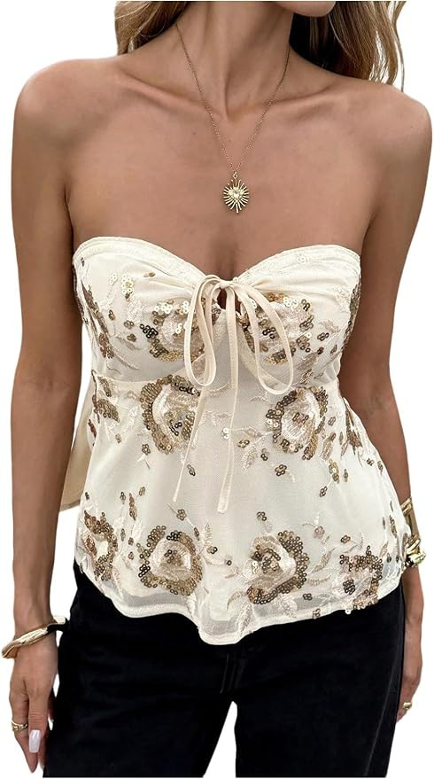 SHENHE Women's Floral Embroidery Sequin Tube Crop Tops Shirred Strapless Tie Front Bandeau Shirt | Amazon (US)