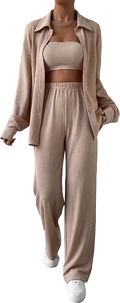 GORGLITTER Women's 3 Piece Outfits Tube Top Set Button Down Blouse Elastic Waist Pants Set | Amazon (US)