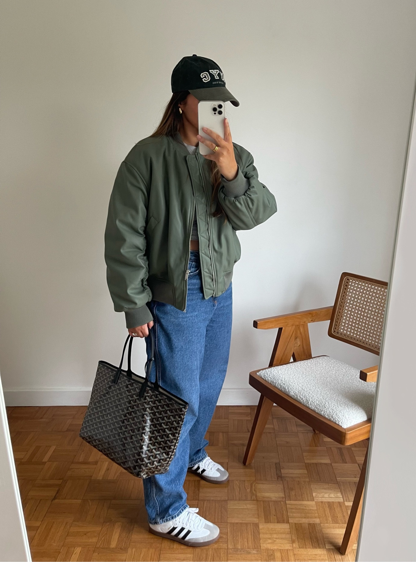green bomber jacket
blue jeans
adidas sambas 
goyard tote
OOTD