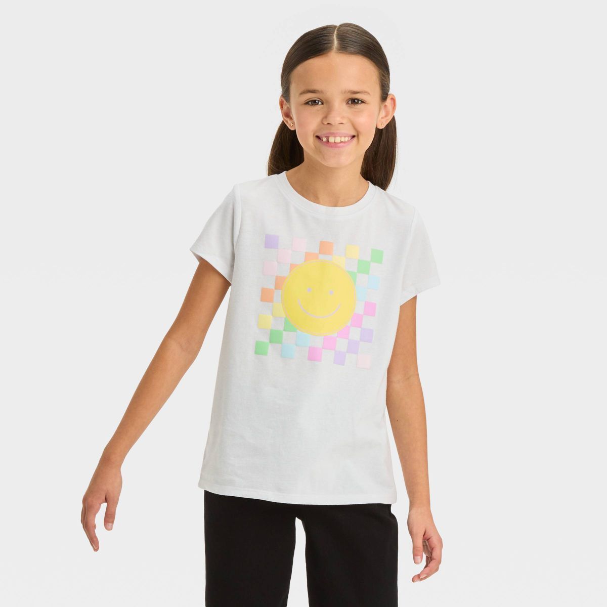 Girls' Short Sleeve 'Checkerboard Smiley' Graphic T-Shirt - Cat & Jack™ White S | Target