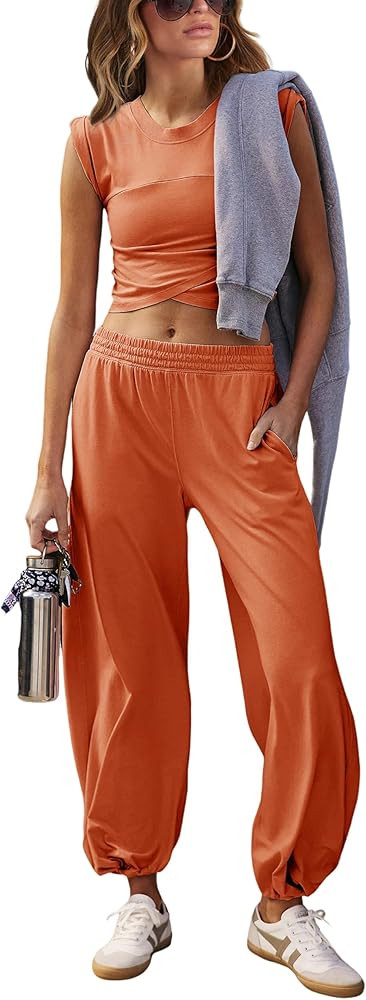 Womens 2 Piece Sweatsuits Sets Casual Workout Cropped Tee Top High Rise Sweatpants Athletic Track... | Amazon (US)