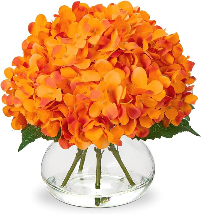 Hollyone Hydrangea Artificial Flowers in Vase Orange Silk Fake Flowers Arrangements with Glass Va... | Amazon (US)