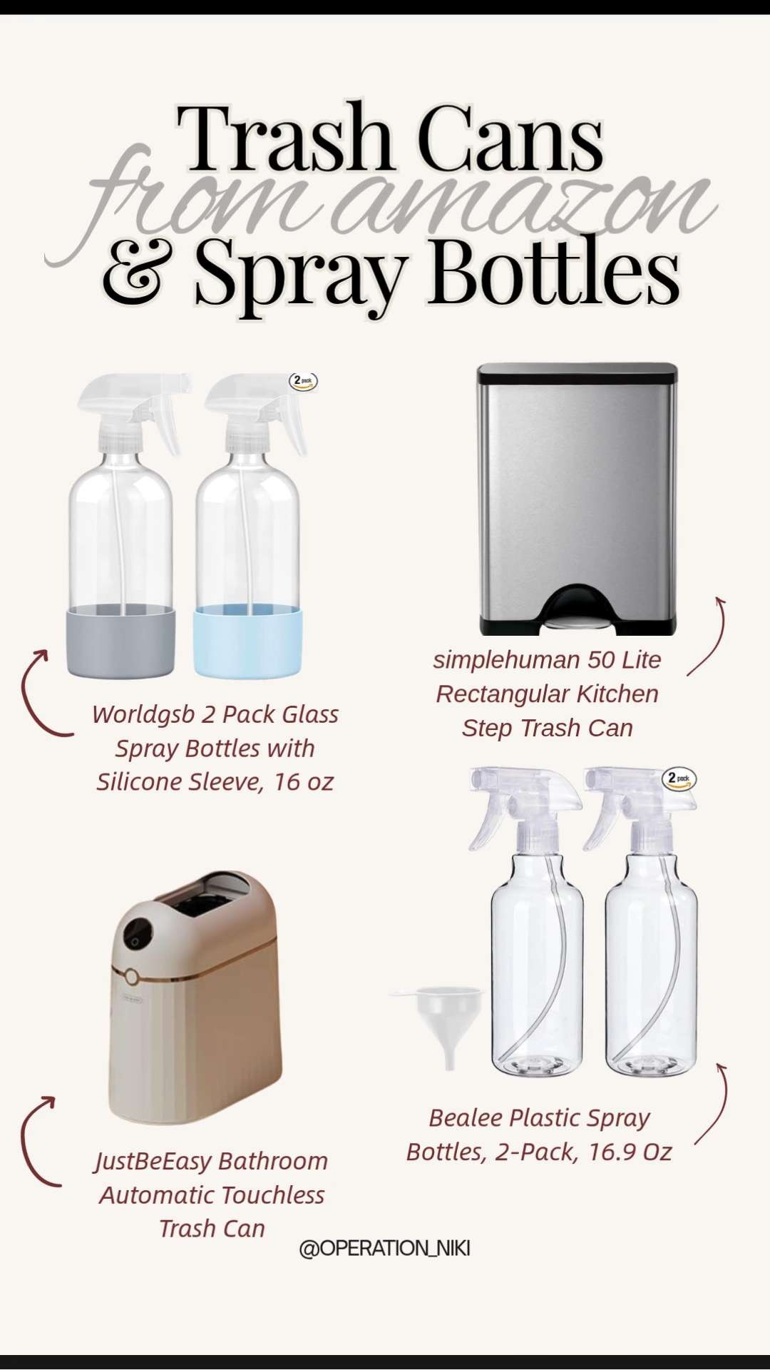 Elevate your home organization and cleaning routines with these Amazon favorites. 🏠 These staples are essential for keeping your everyday spaces clean, functional, and tidy.

Upgrade your waste systems with the sleek simplehuman 50 Liter Kitchen Step Trash Can, or add the automatic touchless trash can to your smaller spaces. 🗑️ For your daily cleaning mixes, these glass and plastic spray bottles are perfect for keeping your solutions organized and ready to use. 🧴

These functional tools make daily maintenance a breeze while fitting seamlessly into a modern home setup. ✨

Follow for more @OPERATION_NIKI on IG, TikTok, & Facebook

#AmazonFinds #HomeOrganization #CleaningEssentials #OperationNiki #OrganizedHome #CleanHome #AmazonHome #HomeMaintenance #SmartHome #InteriorDesign #TrashCan #SprayBottles 

 #LTKHome